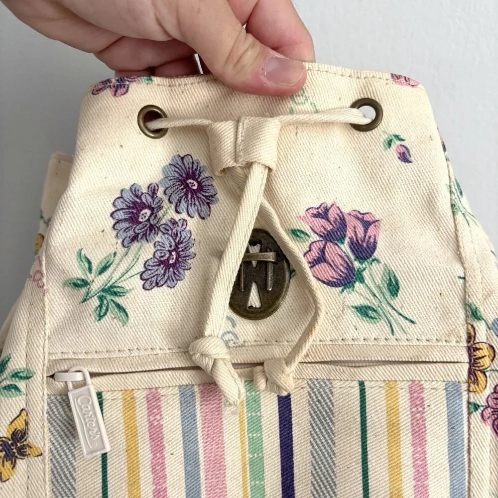 Carter’s Vintage Canvas Drawstring Backpack Cream Floral and Stripe Pattern
